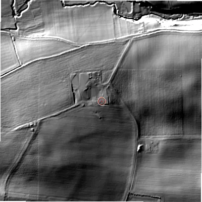Shaded relief map of the ground around DL81LU, computed from Environment Agency LiDAR. The ground here sits at about 104 m above sea level and falls 23 m across the surrounding 800 m. Surface water reaching this point runs off ground lying to the west-south-west, 7.4 m higher.