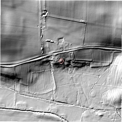Shaded relief map of the ground around DL81LW, computed from Environment Agency LiDAR. The ground here sits at about 70 m above sea level and falls 38 m across the surrounding 800 m. Surface water reaching this point runs off ground lying to the north, 8.2 m higher.