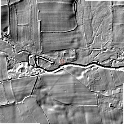 Shaded relief map of the ground around DL81PN, computed from Environment Agency LiDAR. The ground here sits at about 39 m above sea level and falls 11 m across the surrounding 800 m. Surface water reaching this point runs off ground lying to the north-west, 8.6 m higher.