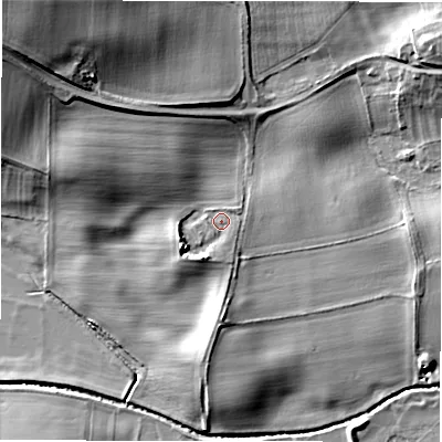 Shaded relief map of the ground around DL81PP, computed from Environment Agency LiDAR. The ground here sits at about 62 m above sea level and falls 23 m across the surrounding 800 m. Surface water reaching this point runs off ground lying to the west-south-west, 3.8 m higher.
