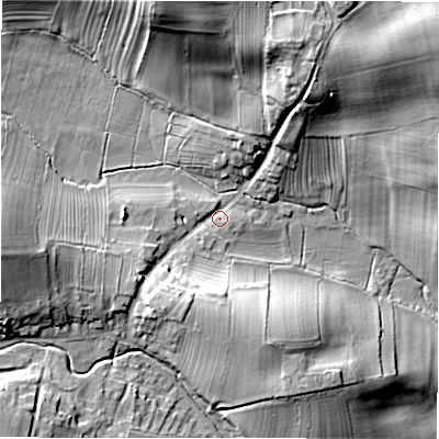 Shaded relief map of the ground around DL81PX, computed from Environment Agency LiDAR. The ground here sits at about 104 m above sea level and falls 29 m across the surrounding 800 m. Surface water reaching this point runs off ground lying to the south-south-west, 9.5 m higher.