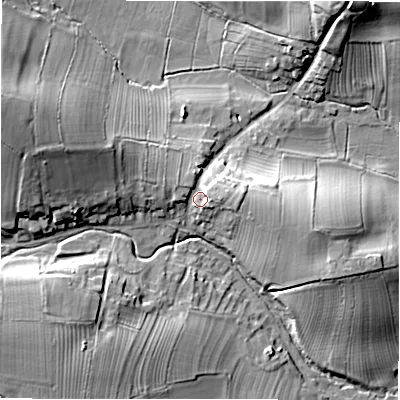Shaded relief map of the ground around DL81QB, computed from Environment Agency LiDAR. The ground here sits at about 109 m above sea level and falls 25 m across the surrounding 800 m. Surface water reaching this point runs off ground lying to the east-north-east, 5.4 m higher.