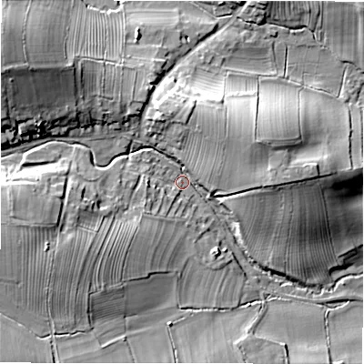 Shaded relief map of the ground around DL81QE, computed from Environment Agency LiDAR. The ground here sits at about 104 m above sea level and falls 23 m across the surrounding 800 m. Surface water reaching this point runs off ground lying to the west-north-west, 17.6 m higher.