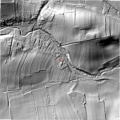 Shaded relief map of the ground around DL81QF, computed from Environment Agency LiDAR. The ground here sits at about 104 m above sea level and falls 22 m across the surrounding 800 m. Surface water reaching this point runs off ground lying to the west, 7.1 m higher.