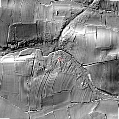 Shaded relief map of the ground around DL81QG, computed from Environment Agency LiDAR. The ground here sits at about 106 m above sea level and falls 25 m across the surrounding 800 m. Surface water reaching this point runs off ground lying to the west-south-west, 9.6 m higher.