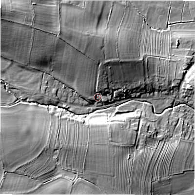 Shaded relief map of the ground around DL81QL, computed from Environment Agency LiDAR. The ground here sits at about 111 m above sea level and falls 26 m across the surrounding 800 m. Surface water reaching this point runs off ground lying to the north-north-west, 14.4 m higher.