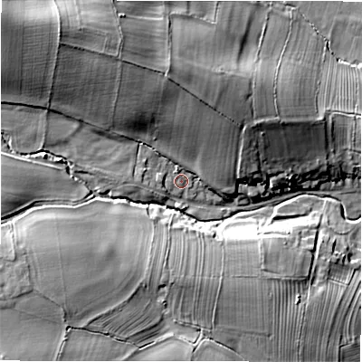 Shaded relief map of the ground around DL81QX, computed from Environment Agency LiDAR. The ground here sits at about 111 m above sea level and falls 24 m across the surrounding 800 m. Surface water reaching this point runs off ground lying to the north, 15.8 m higher.