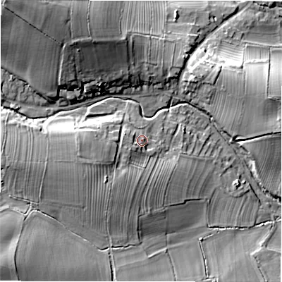 Shaded relief map of the ground around DL81QZ, computed from Environment Agency LiDAR. The ground here sits at about 109 m above sea level and falls 26 m across the surrounding 800 m. Surface water reaching this point runs off ground lying to the west-south-west, 4.2 m higher.