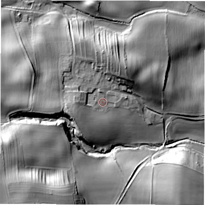 Shaded relief map of the ground around DL81RG, computed from Environment Agency LiDAR. The ground here sits at about 93 m above sea level and falls 33 m across the surrounding 800 m. Surface water reaching this point runs off ground lying to the west-south-west, 8.3 m higher.