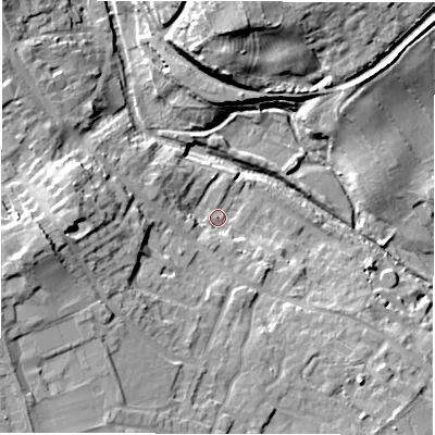 Shaded relief map of the ground around DL82AR, computed from Environment Agency LiDAR. The ground here sits at about 33 m above sea level and falls 20 m across the surrounding 800 m. Surface water reaching this point runs off ground lying to the west, 17.0 m higher.