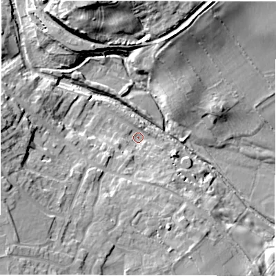 Shaded relief map of the ground around DL82DP, computed from Environment Agency LiDAR. The ground here sits at about 31 m above sea level and falls 20 m across the surrounding 800 m. Surface water reaching this point runs off ground lying to the west, 13.3 m higher.