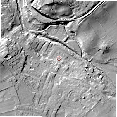 Shaded relief map of the ground around DL82DR, computed from Environment Agency LiDAR. The ground here sits at about 33 m above sea level and falls 20 m across the surrounding 800 m. Surface water reaching this point runs off ground lying to the south-west, 9.4 m higher.