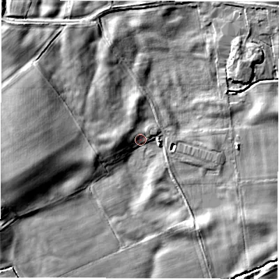Shaded relief map of the ground around DL82ET, computed from Environment Agency LiDAR. The ground here sits at about 29 m above sea level and falls 10 m across the surrounding 800 m. Surface water reaching this point runs off ground lying to the west-south-west, 9.8 m higher.