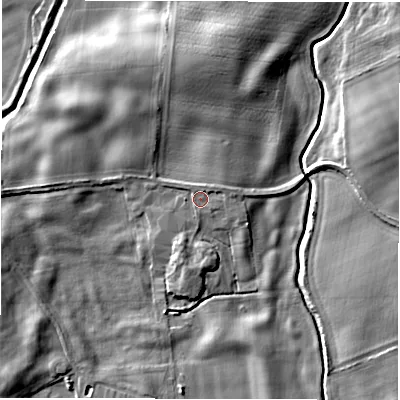 Shaded relief map of the ground around DL82EU, computed from Environment Agency LiDAR. The ground here sits at about 30 m above sea level and falls 8 m across the surrounding 800 m. Surface water reaching this point runs off ground lying to the east-north-east, 1.1 m higher.