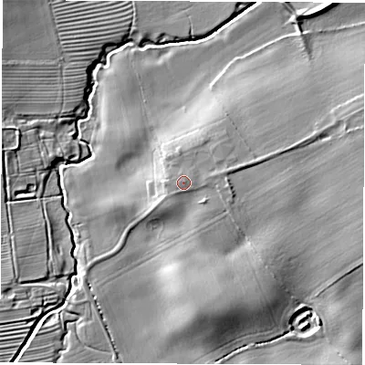 Shaded relief map of the ground around DL82JH, computed from Environment Agency LiDAR. The ground here sits at about 29 m above sea level and falls 10 m across the surrounding 800 m. The ground contributing surface water to this point lies to the north-east.
