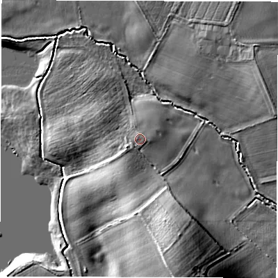 Shaded relief map of the ground around DL82PA, computed from Environment Agency LiDAR. The ground here sits at about 41 m above sea level and falls 17 m across the surrounding 800 m. Surface water reaching this point runs off ground lying to the west, 0.6 m higher.