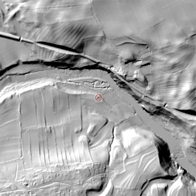 Shaded relief map of the ground around DL83AT, computed from Environment Agency LiDAR. The ground here sits at about 189 m above sea level and falls 48 m across the surrounding 800 m. Surface water reaching this point runs off ground lying to the south, 24.3 m higher.