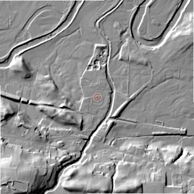 Shaded relief map of the ground around DL83AU, computed from Environment Agency LiDAR. The ground here sits at about 230 m above sea level and falls 39 m across the surrounding 800 m. Surface water reaching this point runs off ground lying to the south-west, 1.5 m higher.