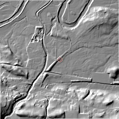 Shaded relief map of the ground around DL83AY, computed from Environment Agency LiDAR. The ground here sits at about 231 m above sea level and falls 34 m across the surrounding 800 m. Surface water reaching this point runs off ground lying to the south-west, 5.0 m higher.