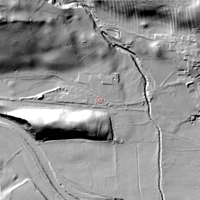 Shaded relief map of the ground around DL83BJ, computed from Environment Agency LiDAR. The ground here sits at about 207 m above sea level and falls 50 m across the surrounding 800 m. Surface water reaching this point runs off ground lying to the north-north-east, 5.4 m higher.