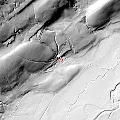 Shaded relief map of the ground around DL83DE, computed from Environment Agency LiDAR. The ground here sits at about 258 m above sea level and falls 113 m across the surrounding 800 m. Surface water reaching this point runs off ground lying to the north-west, 105.1 m higher.