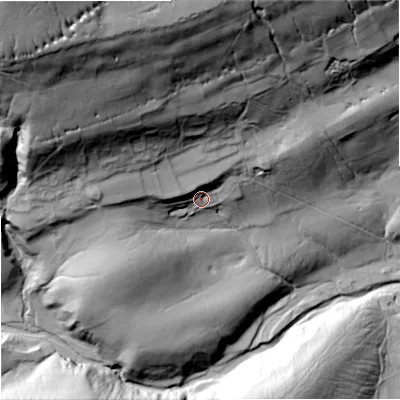 Shaded relief map of the ground around DL83DF, computed from Environment Agency LiDAR. The ground here sits at about 307 m above sea level and falls 158 m across the surrounding 800 m. Surface water reaching this point runs off ground lying to the north-west, 18.5 m higher.