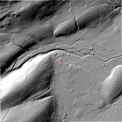 Shaded relief map of the ground around DL83DG, computed from Environment Agency LiDAR. The ground here sits at about 269 m above sea level and falls 80 m across the surrounding 800 m. Surface water reaching this point runs off ground lying to the west, 13.3 m higher.