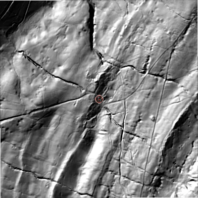 Shaded relief map of the ground around DL83DH, computed from Environment Agency LiDAR. The ground here sits at about 329 m above sea level and falls 194 m across the surrounding 800 m. Surface water reaching this point runs off ground lying to the south-east, 75.1 m higher.
