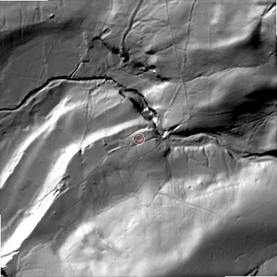 Shaded relief map of the ground around DL83DL, computed from Environment Agency LiDAR. The ground here sits at about 298 m above sea level and falls 113 m across the surrounding 800 m. Surface water reaching this point runs off ground lying to the south-south-east, 16.6 m higher.