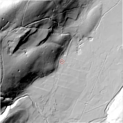 Shaded relief map of the ground around DL83DQ, computed from Environment Agency LiDAR. The ground here sits at about 263 m above sea level and falls 104 m across the surrounding 800 m. Surface water reaching this point runs off ground lying to the west, 50.2 m higher.