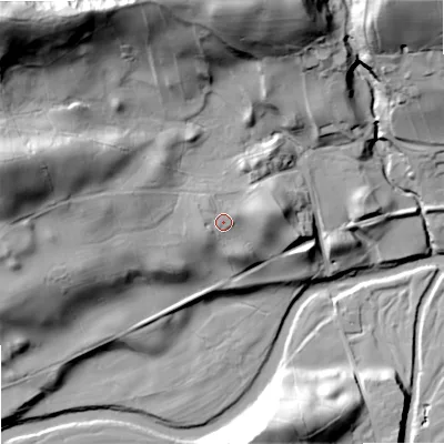 Shaded relief map of the ground around DL83DY, computed from Environment Agency LiDAR. The ground here sits at about 223 m above sea level and falls 70 m across the surrounding 800 m. Surface water reaching this point runs off ground lying to the west, 2.6 m higher.
