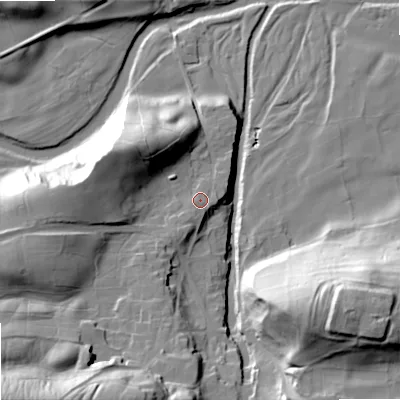 Shaded relief map of the ground around DL83EE, computed from Environment Agency LiDAR. The ground here sits at about 218 m above sea level and falls 47 m across the surrounding 800 m. Surface water reaching this point runs off ground lying to the south-south-west, 1.7 m higher.