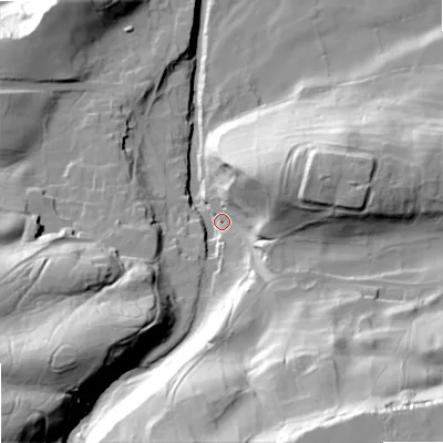 Shaded relief map of the ground around DL83EQ, computed from Environment Agency LiDAR. The ground here sits at about 218 m above sea level and falls 69 m across the surrounding 800 m. Surface water reaching this point runs off ground lying to the south-south-east, 58.6 m higher.