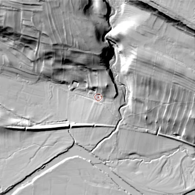 Shaded relief map of the ground around DL83EZ, computed from Environment Agency LiDAR. The ground here sits at about 202 m above sea level and falls 62 m across the surrounding 800 m. Surface water reaching this point runs off ground lying to the north-north-east, 16.8 m higher.