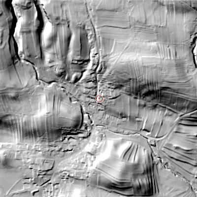 Shaded relief map of the ground around DL83HH, computed from Environment Agency LiDAR. The ground here sits at about 235 m above sea level and falls 81 m across the surrounding 800 m. Surface water reaching this point runs off ground lying to the north, 46.3 m higher.