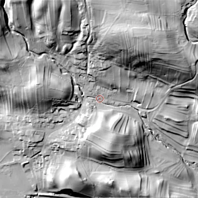 Shaded relief map of the ground around DL83HJ, computed from Environment Agency LiDAR. The ground here sits at about 225 m above sea level and falls 75 m across the surrounding 800 m. Surface water reaching this point runs off ground lying to the north, 46.9 m higher.