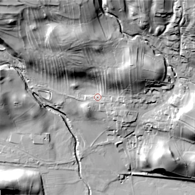 Shaded relief map of the ground around DL83HR, computed from Environment Agency LiDAR. The ground here sits at about 218 m above sea level and falls 68 m across the surrounding 800 m. Surface water reaching this point runs off ground lying to the north-east, 30.0 m higher.