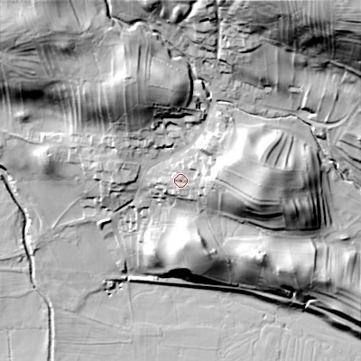 Shaded relief map of the ground around DL83HS, computed from Environment Agency LiDAR. The ground here sits at about 223 m above sea level and falls 74 m across the surrounding 800 m. Surface water reaching this point runs off ground lying to the east-north-east, 16.8 m higher.