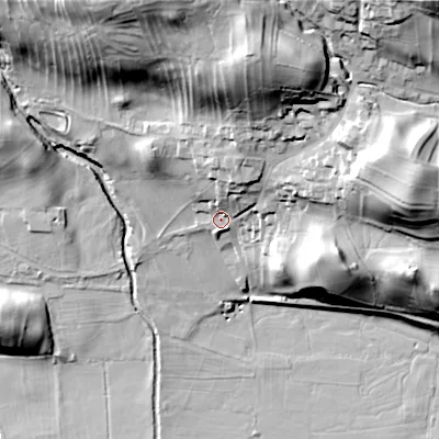 Shaded relief map of the ground around DL83HZ, computed from Environment Agency LiDAR. The ground here sits at about 209 m above sea level and falls 53 m across the surrounding 800 m. Surface water reaching this point runs off ground lying to the north-north-east, 38.4 m higher.