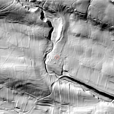 Shaded relief map of the ground around DL83JA, computed from Environment Agency LiDAR. The ground here sits at about 271 m above sea level and falls 131 m across the surrounding 800 m. Surface water reaching this point runs off ground lying to the north, 3.3 m higher.