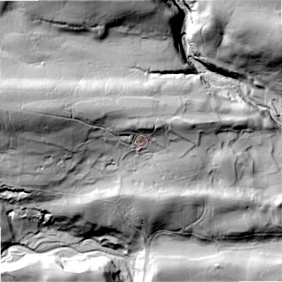 Shaded relief map of the ground around DL83JF, computed from Environment Agency LiDAR. The ground here sits at about 287 m above sea level and falls 99 m across the surrounding 800 m. Surface water reaching this point runs off ground lying to the north-north-west, 17.1 m higher.