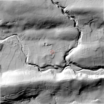 Shaded relief map of the ground around DL83JG, computed from Environment Agency LiDAR. The ground here sits at about 274 m above sea level and falls 106 m across the surrounding 800 m. Surface water reaching this point runs off ground lying to the north-north-west, 6.5 m higher.