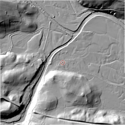 Shaded relief map of the ground around DL83LN, computed from Environment Agency LiDAR. The ground here sits at about 233 m above sea level and falls 33 m across the surrounding 800 m. Surface water reaching this point runs off ground lying to the south-south-west, 16.4 m higher.