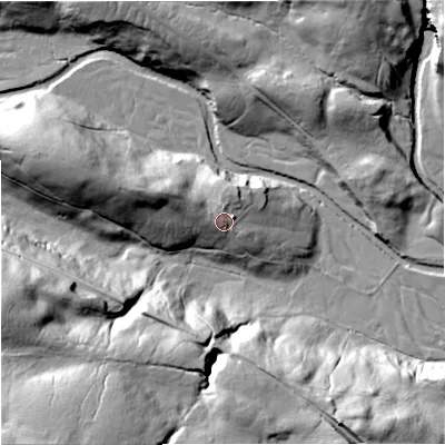 Shaded relief map of the ground around DL83LP, computed from Environment Agency LiDAR. The ground here sits at about 257 m above sea level and falls 76 m across the surrounding 800 m. Surface water reaching this point runs off ground lying to the north, 5.0 m higher.