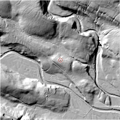 Shaded relief map of the ground around DL83LR, computed from Environment Agency LiDAR. The ground here sits at about 261 m above sea level and falls 86 m across the surrounding 800 m. Surface water reaching this point runs off ground lying to the south-west, 3.7 m higher.