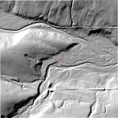 Shaded relief map of the ground around DL83LS, computed from Environment Agency LiDAR. The ground here sits at about 275 m above sea level and falls 72 m across the surrounding 800 m. Surface water reaching this point runs off ground lying to the west, 44.4 m higher.