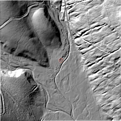 Shaded relief map of the ground around DL83LT, computed from Environment Agency LiDAR. The ground here sits at about 314 m above sea level and falls 150 m across the surrounding 800 m. Surface water reaching this point runs off ground lying to the north-east, 141.3 m higher.