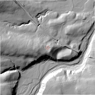 Shaded relief map of the ground around DL83LW, computed from Environment Agency LiDAR. The ground here sits at about 269 m above sea level and falls 61 m across the surrounding 800 m. Surface water reaching this point runs off ground lying to the west, 8.0 m higher.