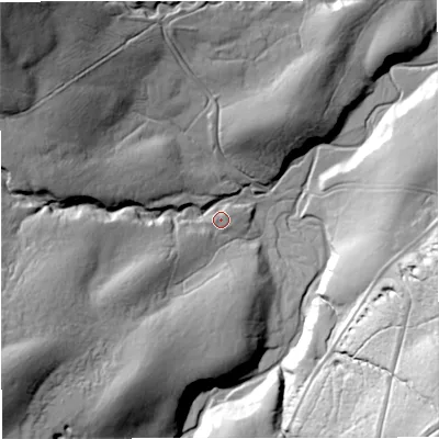 Shaded relief map of the ground around DL83LX, computed from Environment Agency LiDAR. The ground here sits at about 325 m above sea level and falls 74 m across the surrounding 800 m. Surface water reaching this point runs off ground lying to the south-west, 6.6 m higher.