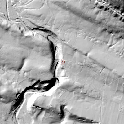 Shaded relief map of the ground around DL83LY, computed from Environment Agency LiDAR. The ground here sits at about 296 m above sea level and falls 203 m across the surrounding 800 m. Surface water reaching this point runs off ground lying to the north-east, 160.2 m higher.
